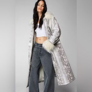 Snake Print Shearling Trim Longline Aviator Coat